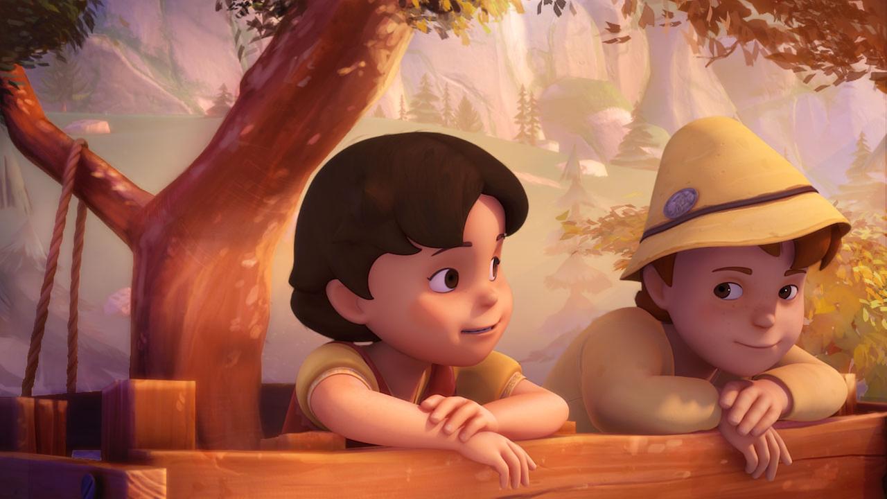 Heidi und Peter schauen aus ihrem Baumhaus.