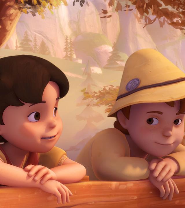 Heidi und Peter schauen aus ihrem Baumhaus.