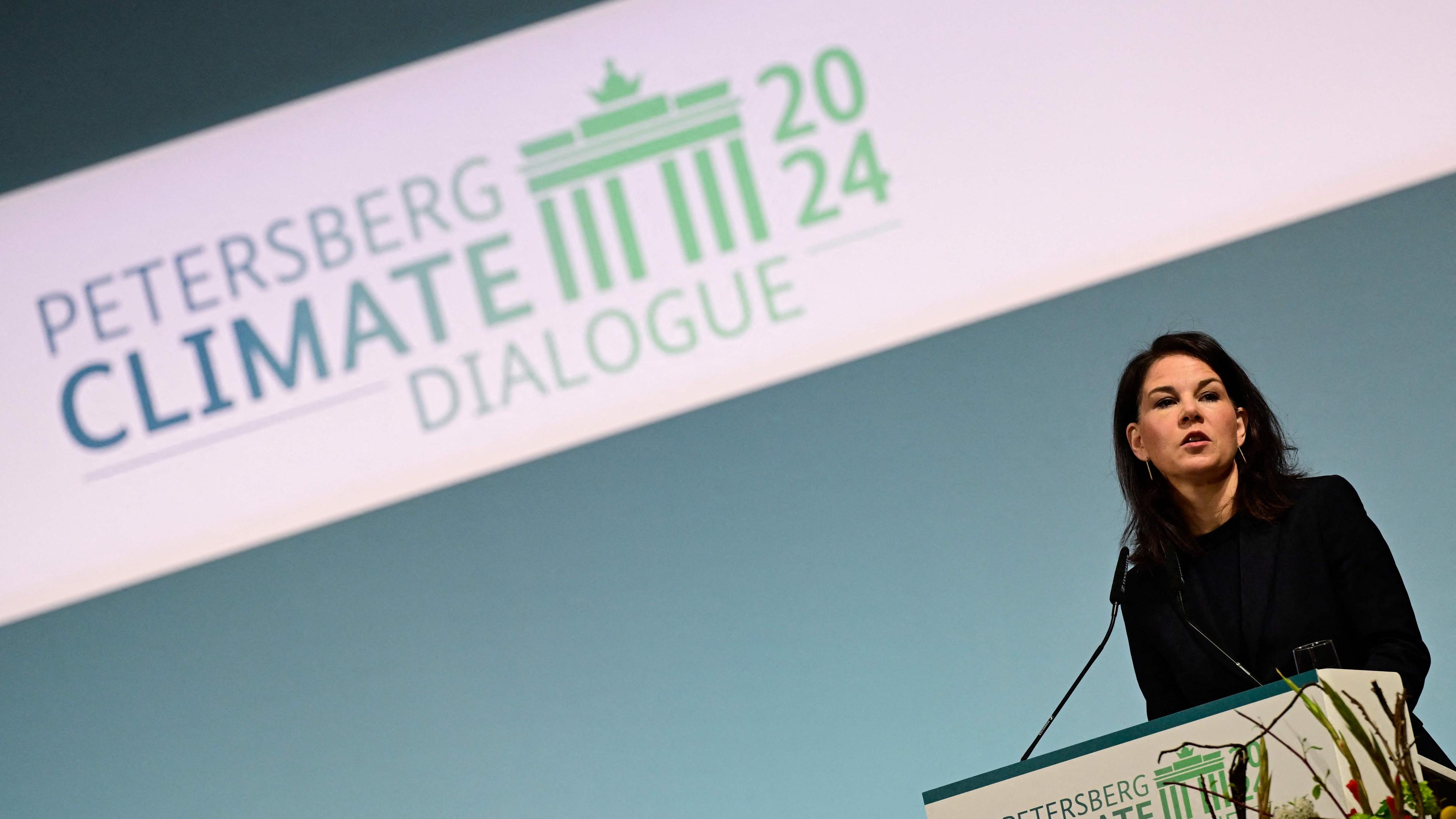 German Foreign Minister Annalena Baerbock delivers the opening speech of the Petersberg Climate Dialogue (Petersberger Klimadialog) meeting at the Foreign Office in Berlin, Germany on April 25, 2024. 