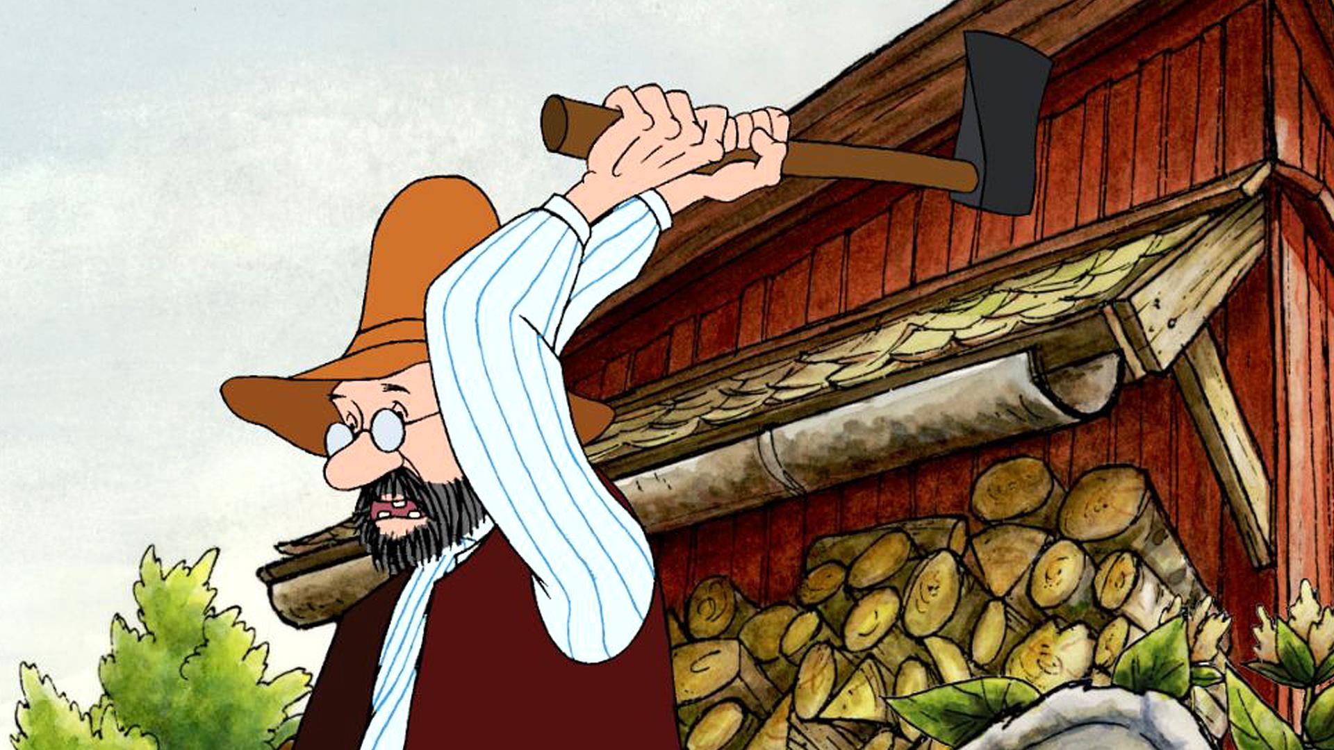 Pettersson steht vor seinem Haus, kümmert sich um seinen Hof und hackt Holz.
