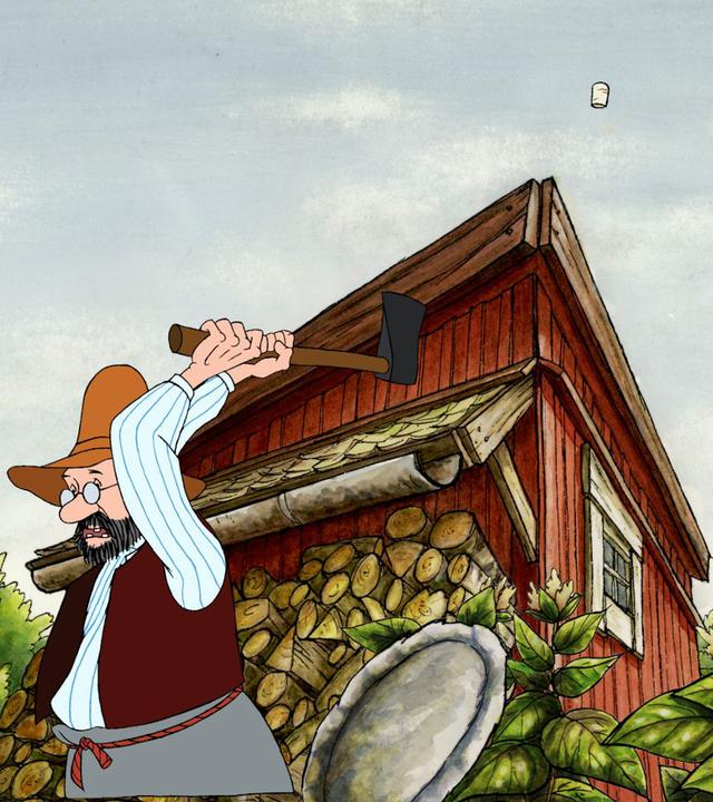 Pettersson steht vor seinem Haus, kümmert sich um seinen Hof und hackt Holz.