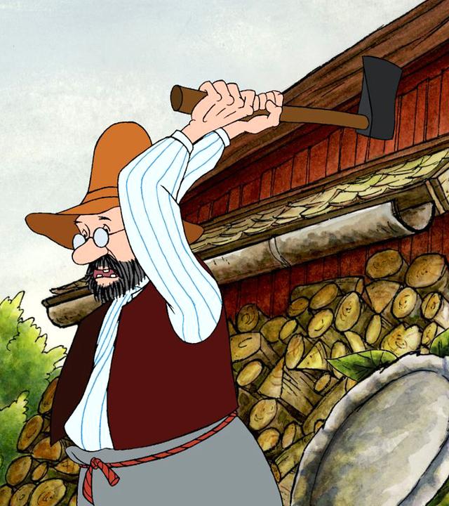 Pettersson steht vor seinem Haus, kümmert sich um seinen Hof und hackt Holz.