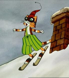 Findus steht auf Skiern. Er fährt ein schneebedecktes Dach runter.