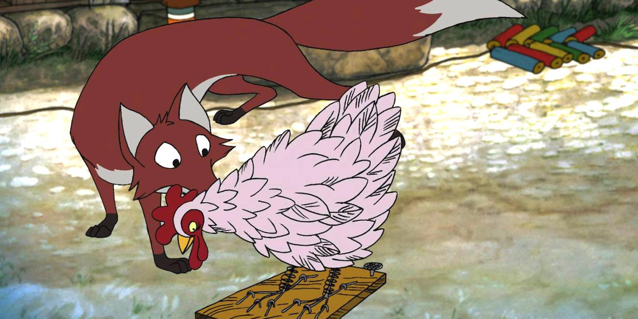 Der Fuchs schleicht sich auf dem Bauernhof herum. Vor ihm läuft ein "Huhn". Im Hintergrund sind Feuerwerkskörper zu sehen.