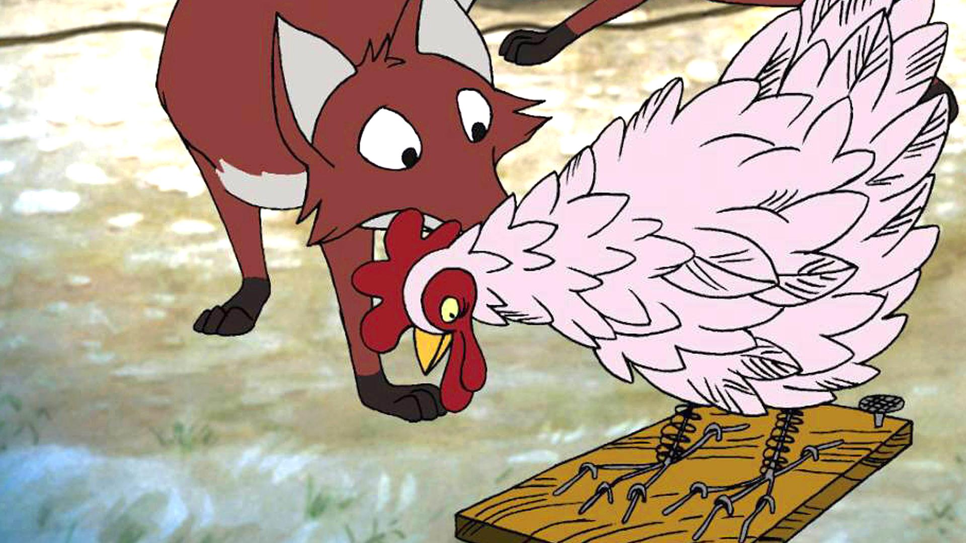 Der Fuchs schleicht sich auf dem Bauernhof herum. Vor ihm läuft ein "Huhn". Im Hintergrund sind Feuerwerkskörper zu sehen.