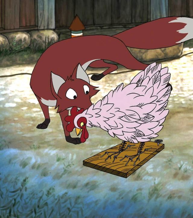 Der Fuchs schleicht sich auf dem Bauernhof herum. Vor ihm läuft ein "Huhn". Im Hintergrund sind Feuerwerkskörper zu sehen.