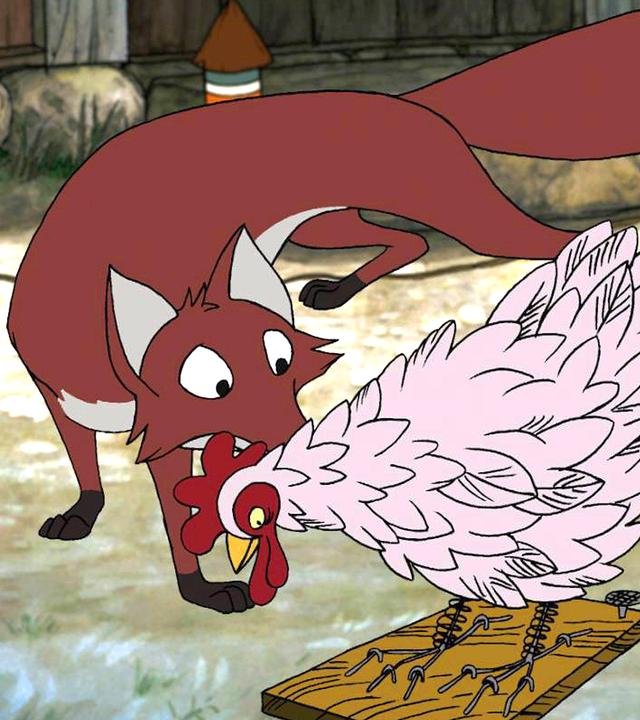 Der Fuchs schleicht sich auf dem Bauernhof herum. Vor ihm läuft ein "Huhn". Im Hintergrund sind Feuerwerkskörper zu sehen.