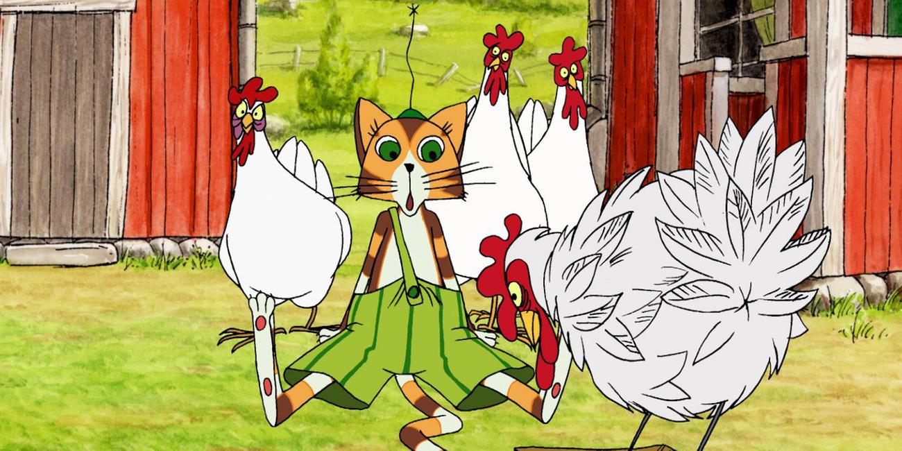 Findus kommt mit dem neuen Hahn gar nicht zurecht.