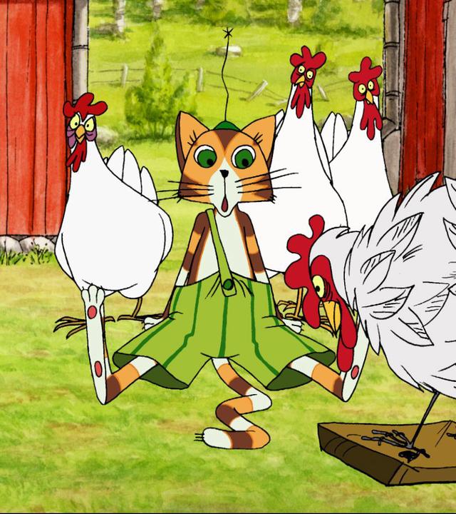 Findus kommt mit dem neuen Hahn gar nicht zurecht.