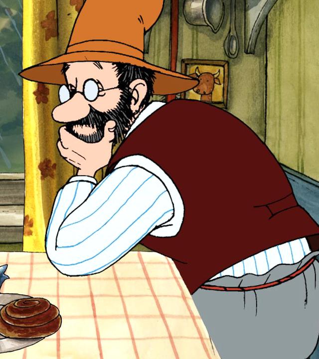 Findus springt auf dem Küchentisch herum und jongliert mit Zuckerwürfeln, Pettersson hört ihm zu.