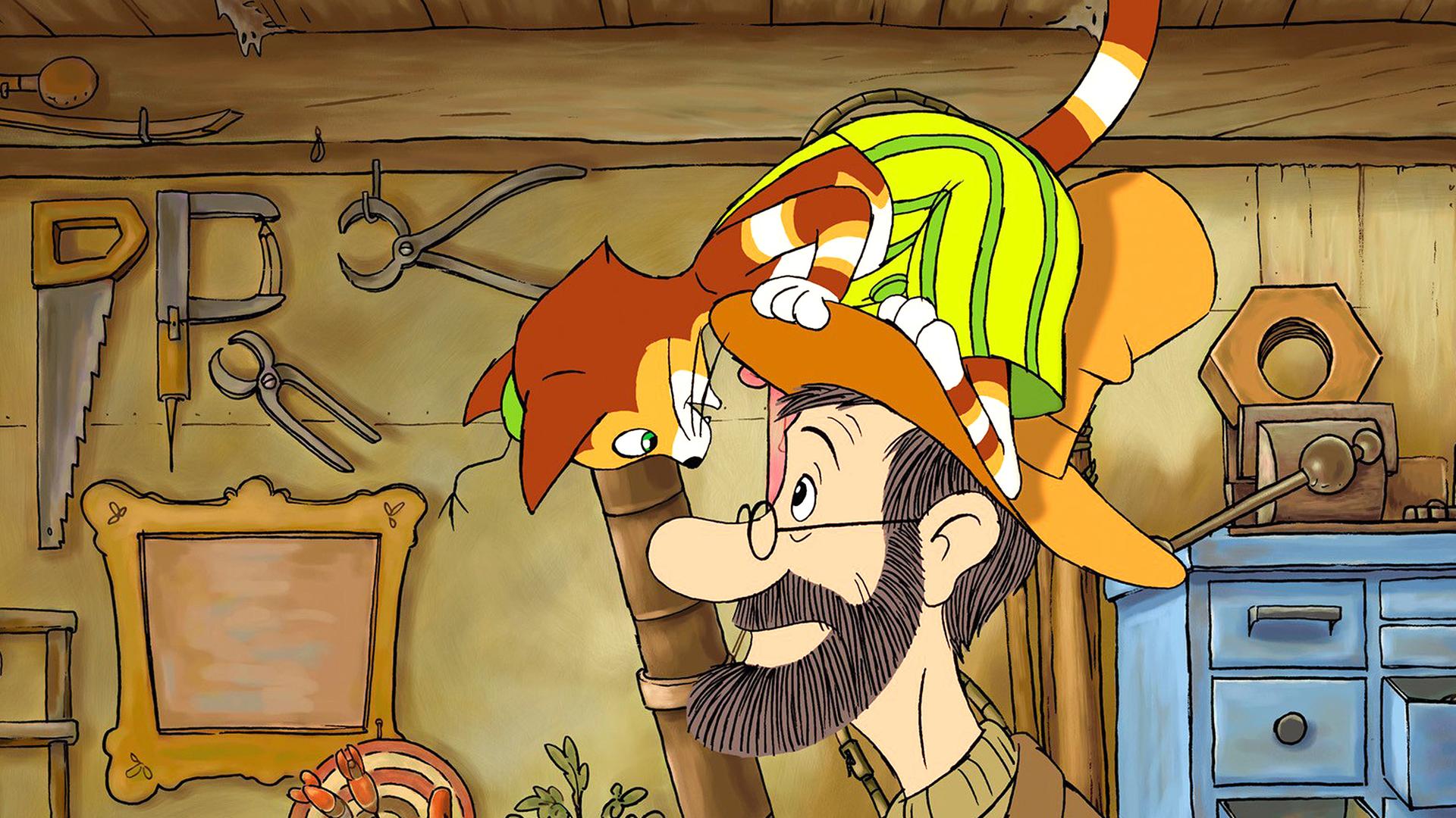 Findus turnt auf Petterssons Kopf herum. Findus schaut Pettersson kopfüber in die Augen.