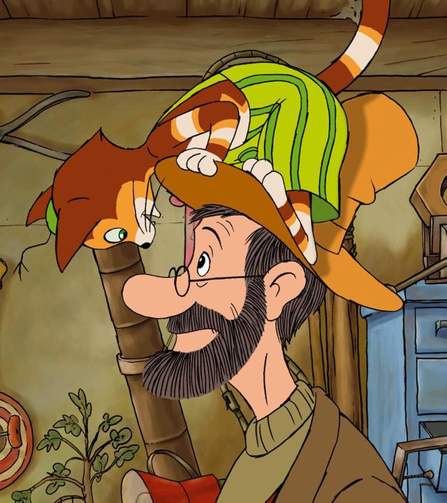 Findus turnt auf Petterssons Kopf herum. Findus schaut Pettersson kopfüber in die Augen.