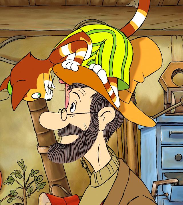 Findus turnt auf Petterssons Kopf herum. Findus schaut Pettersson kopfüber in die Augen.