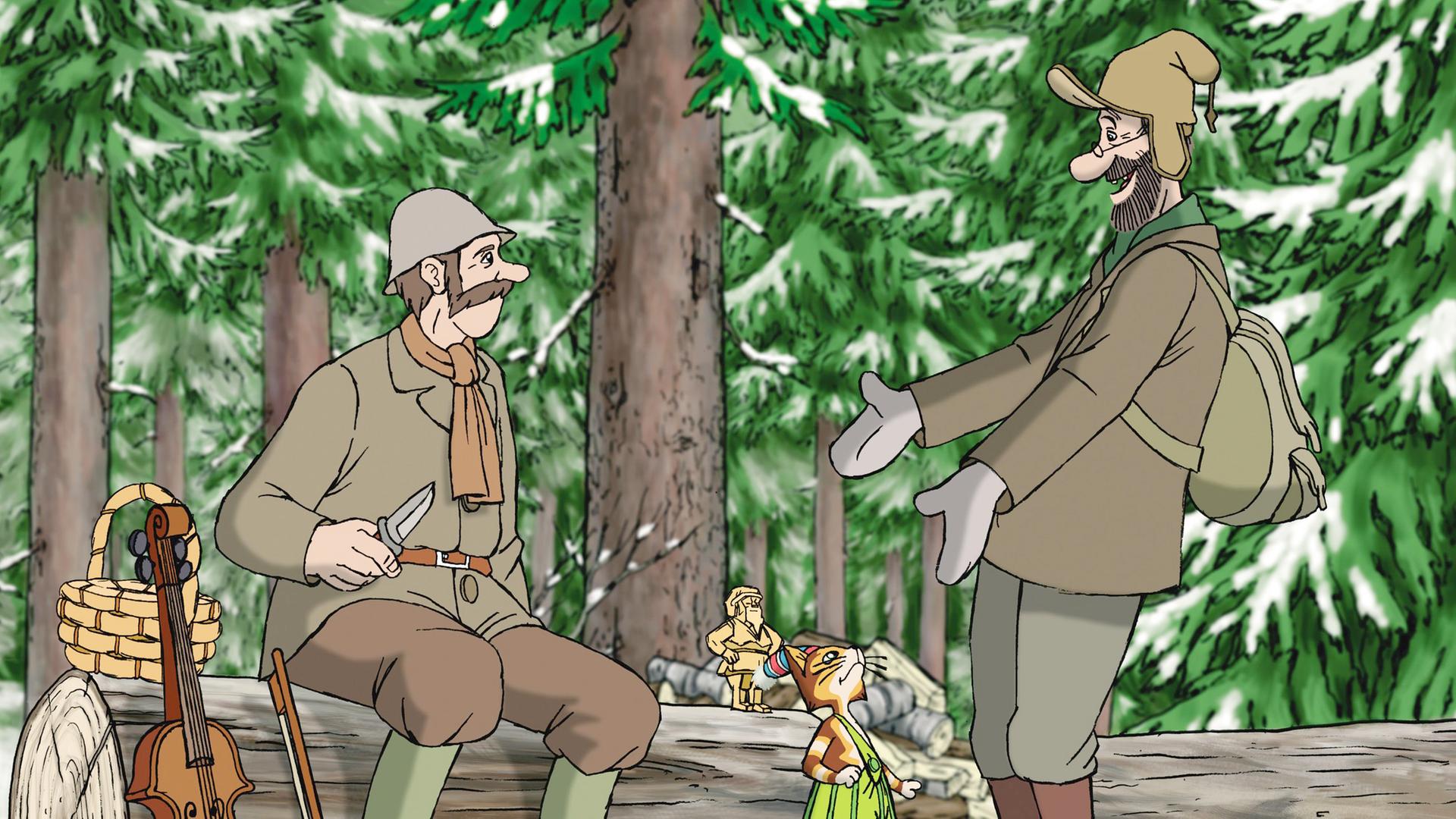 Alfred, Petterson und Findus stehen im verschneiten Wald. Petterson sieht glücklich aus, Alfred dagegen eher skeptisch.