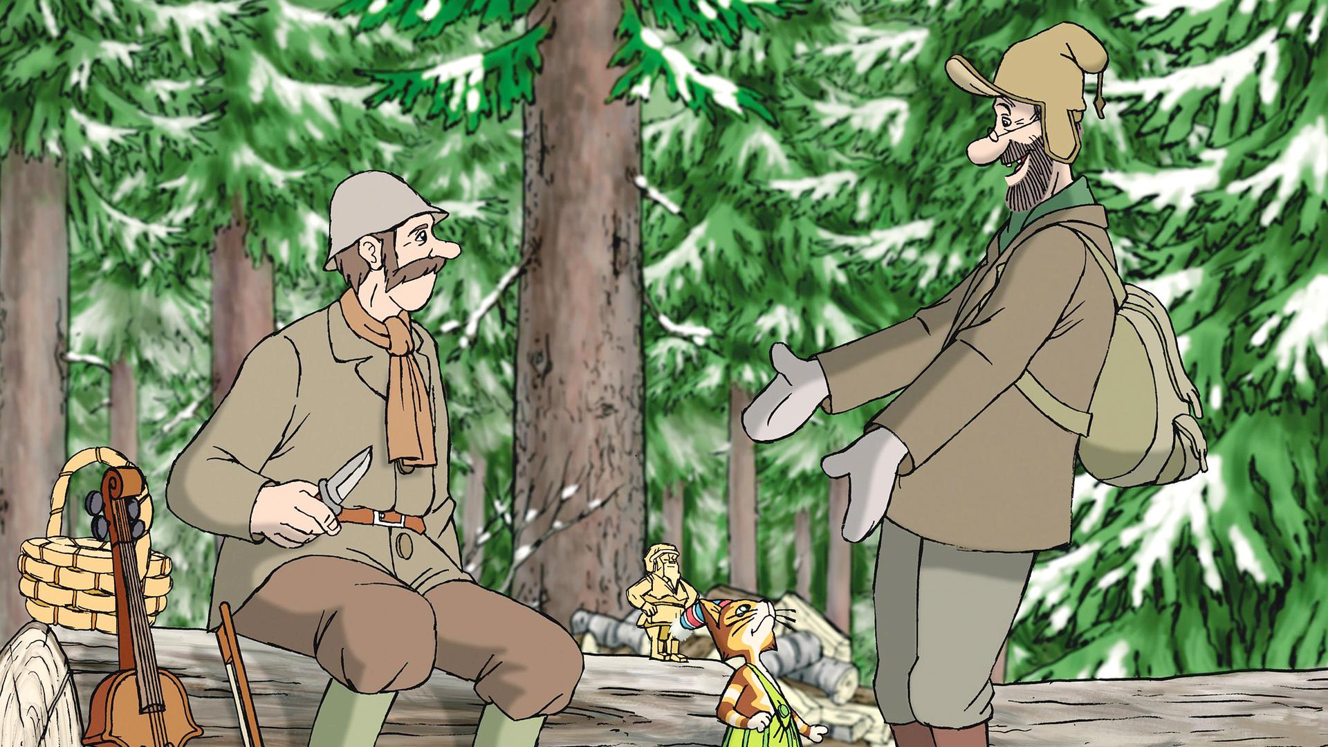 Alfred, Petterson und Findus stehen im verschneiten Wald. Petterson sieht glücklich aus, Alfred dagegen eher skeptisch.