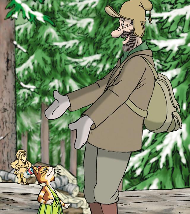 Alfred, Petterson und Findus stehen im verschneiten Wald. Petterson sieht glücklich aus, Alfred dagegen eher skeptisch.
