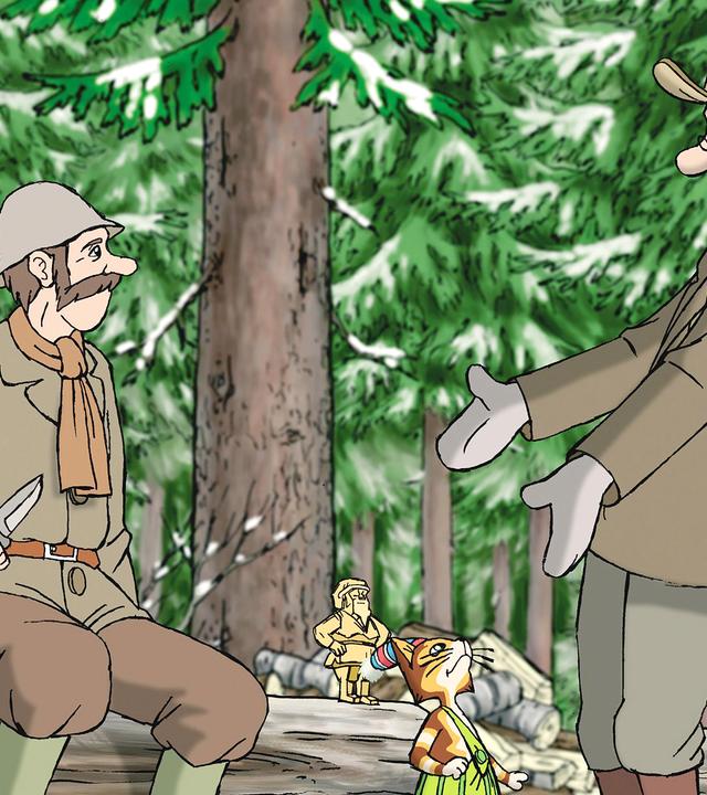 Alfred, Petterson und Findus stehen im verschneiten Wald. Petterson sieht glücklich aus, Alfred dagegen eher skeptisch.