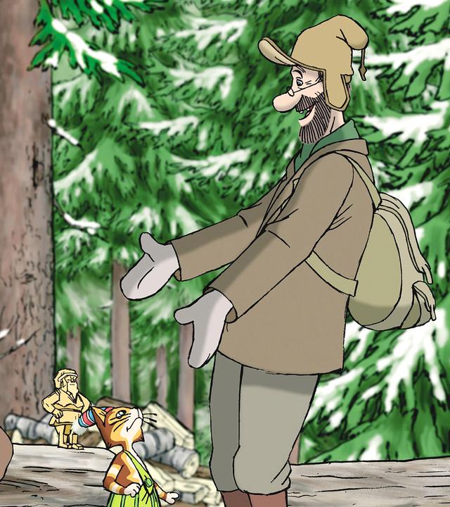 Alfred, Petterson und Findus stehen im verschneiten Wald. Petterson sieht glücklich aus, Alfred dagegen eher skeptisch.