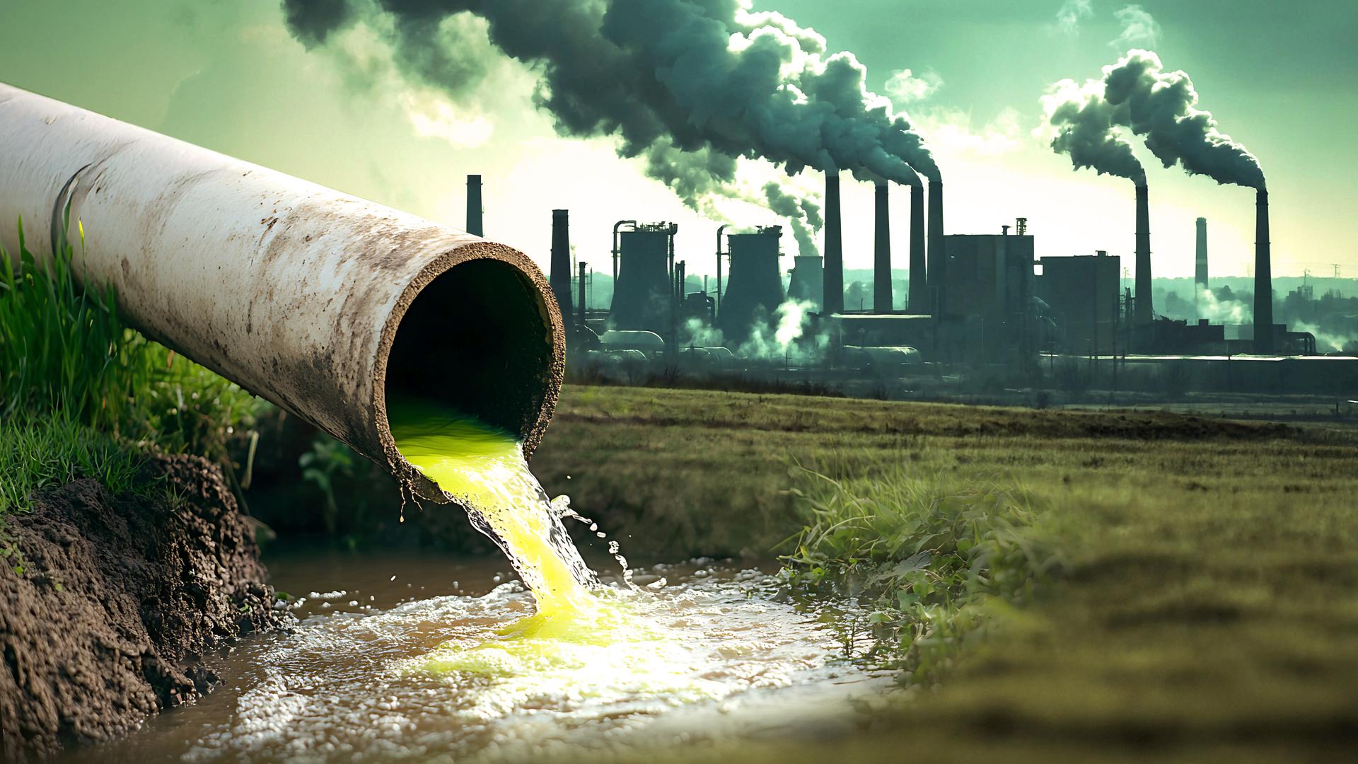 Blick auf eine große Fabrikanlage. Auf der linken Seite läuft grell grünlich schimmerndes Wasser durch ein Abflussrohr in einen Bach