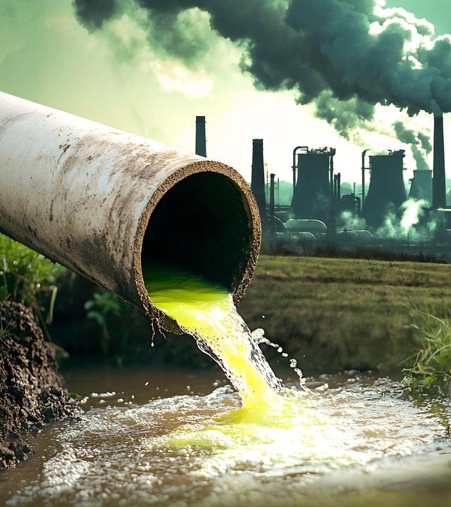 Blick auf eine große Fabrikanlage. Auf der linken Seite läuft grell grünlich schimmerndes Wasser durch ein Abflussrohr in einen Bach