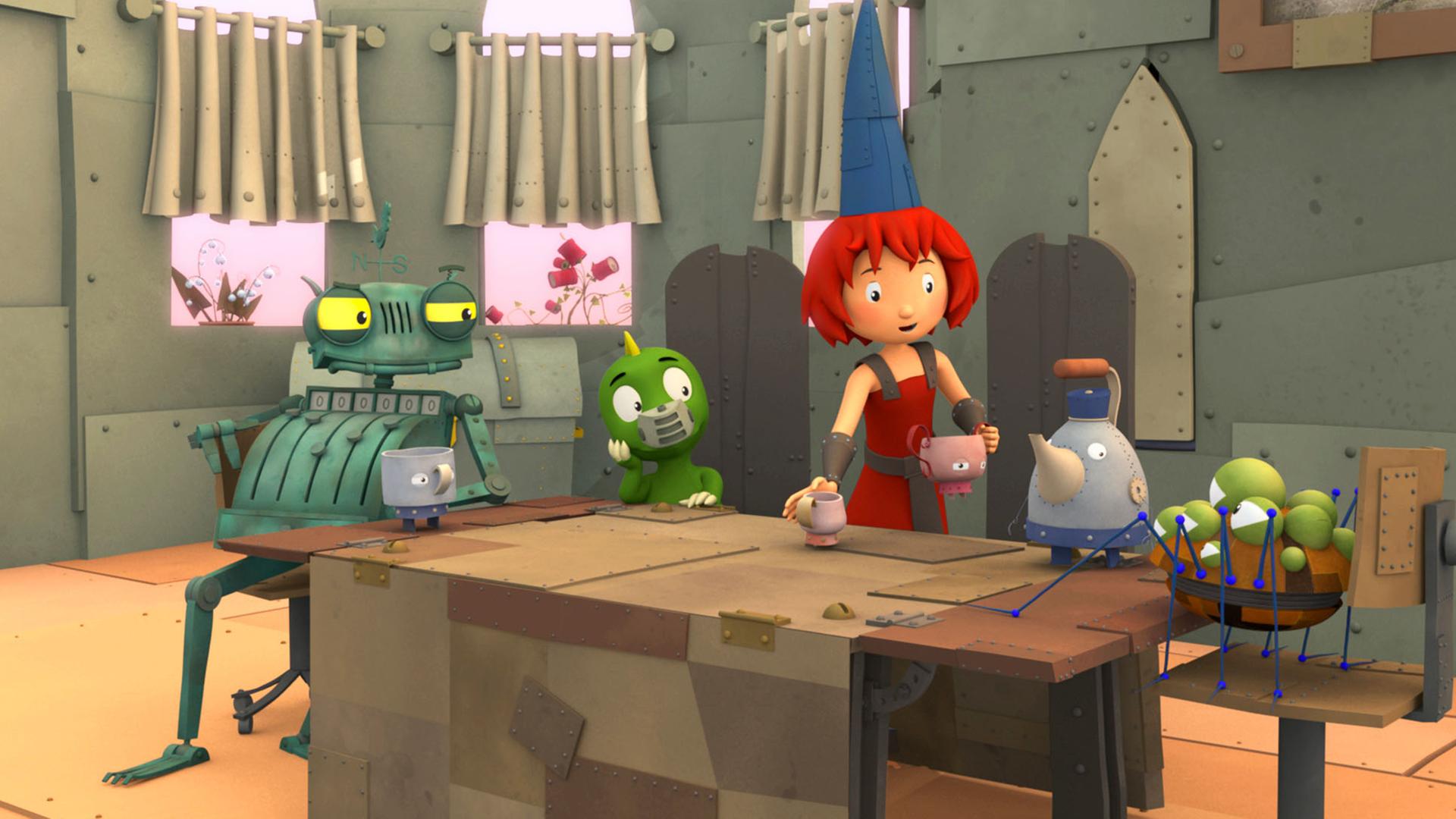 Eine Spinne sitzt am Tisch und wird von Rösti, Bö und Koks skeptisch beobachtet.