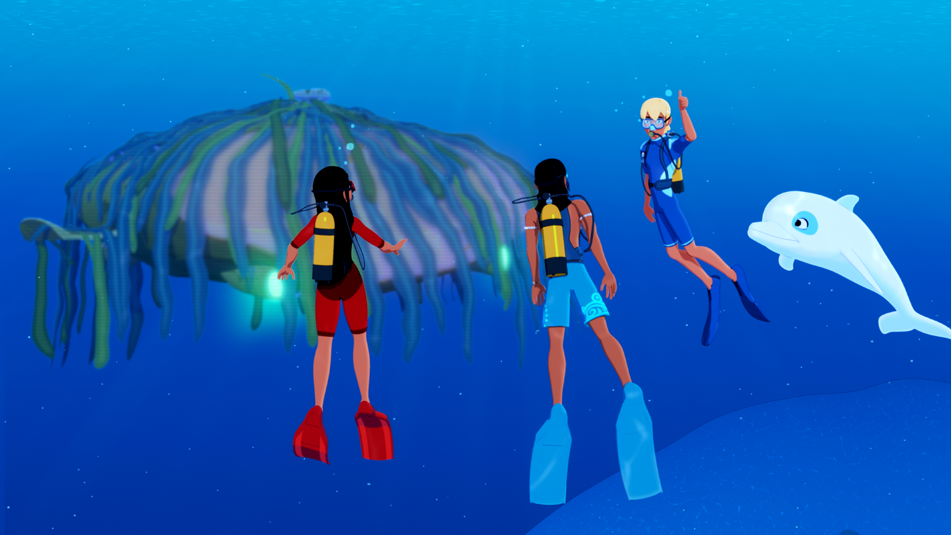 Timeti, Auru, Yann und Zoom tauchen. Vor ihnen schwebt etwas im Wasser. Es ist pink und mit Tang überzogen. Yann deutet vor seinen Freunden nach oben an die Wasseroberfläche.
