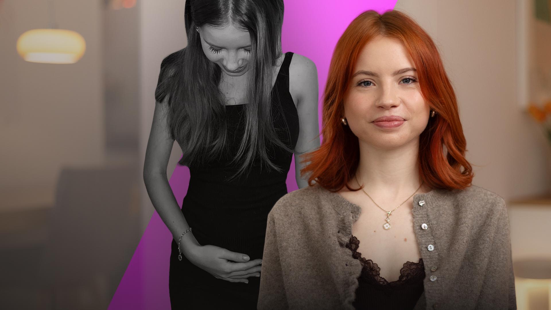 Philine rechts im Bild (heute) lächelt in die Kamera. Links im Hintergrund (Fotomontage): Philine mit Schwangerschaftsbäuchlein - sie schaut nach unten und greift sich liebevoll und mit einem Lächeln an den Bauch. 