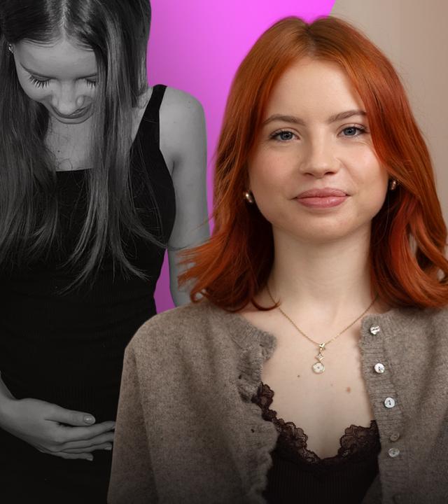 Philine rechts im Bild (heute) lächelt in die Kamera. Links im Hintergrund (Fotomontage): Philine mit Schwangerschaftsbäuchlein - sie schaut nach unten und greift sich liebevoll und mit einem Lächeln an den Bauch. 