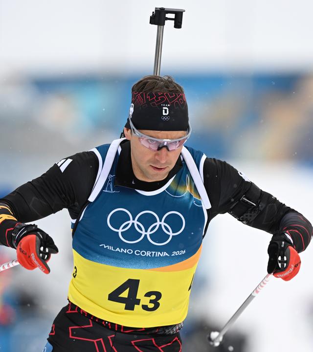 Der deutsche Biathlet Philipp Nawrath auf der Strecke bei den olympischen Winterspielen 2026 in Cortina