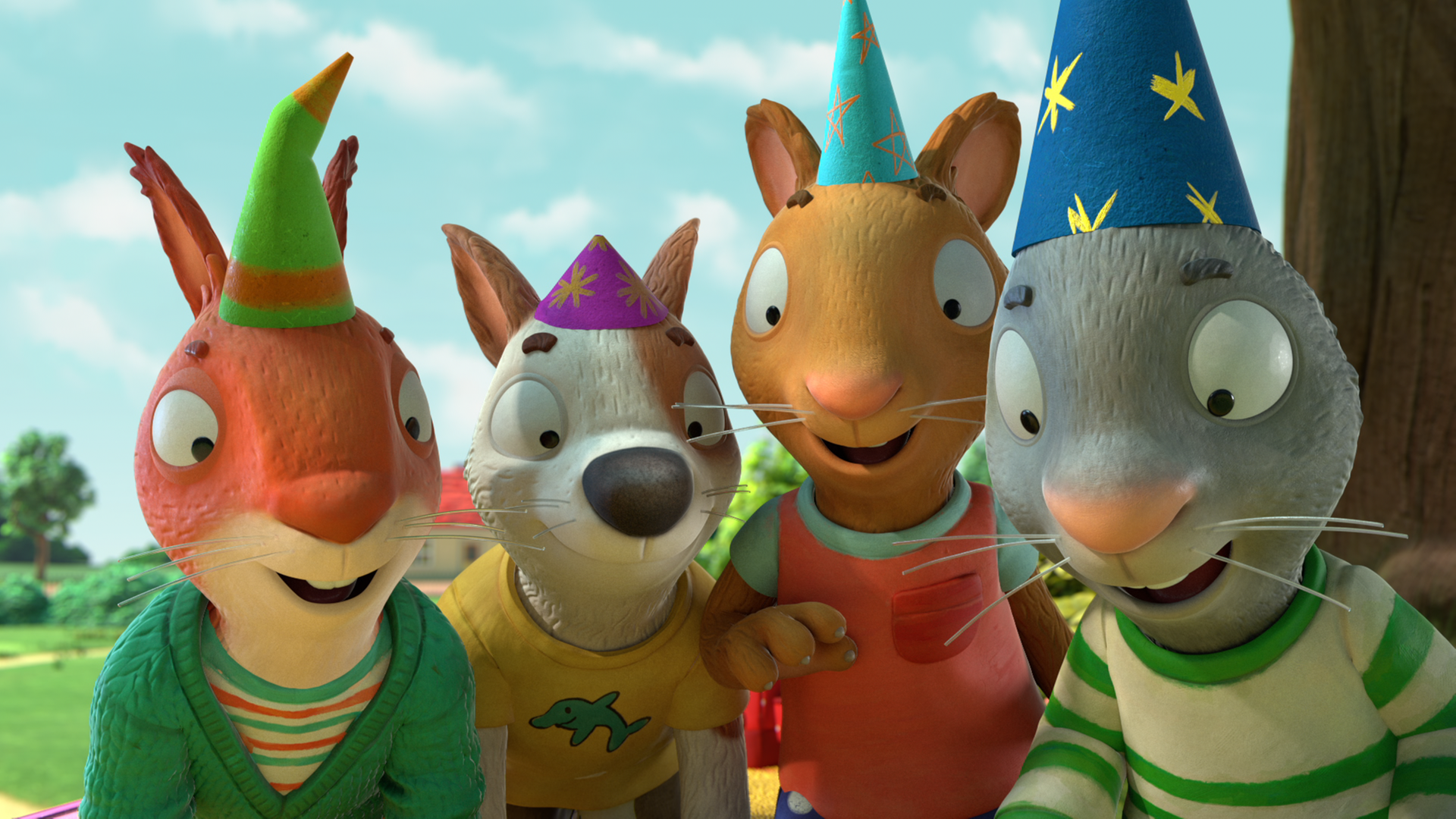 Pip und Posy und ihre Freunde tragen Partyhüte und blicken erfreut und mit großen Augen auf etwas hinunter.