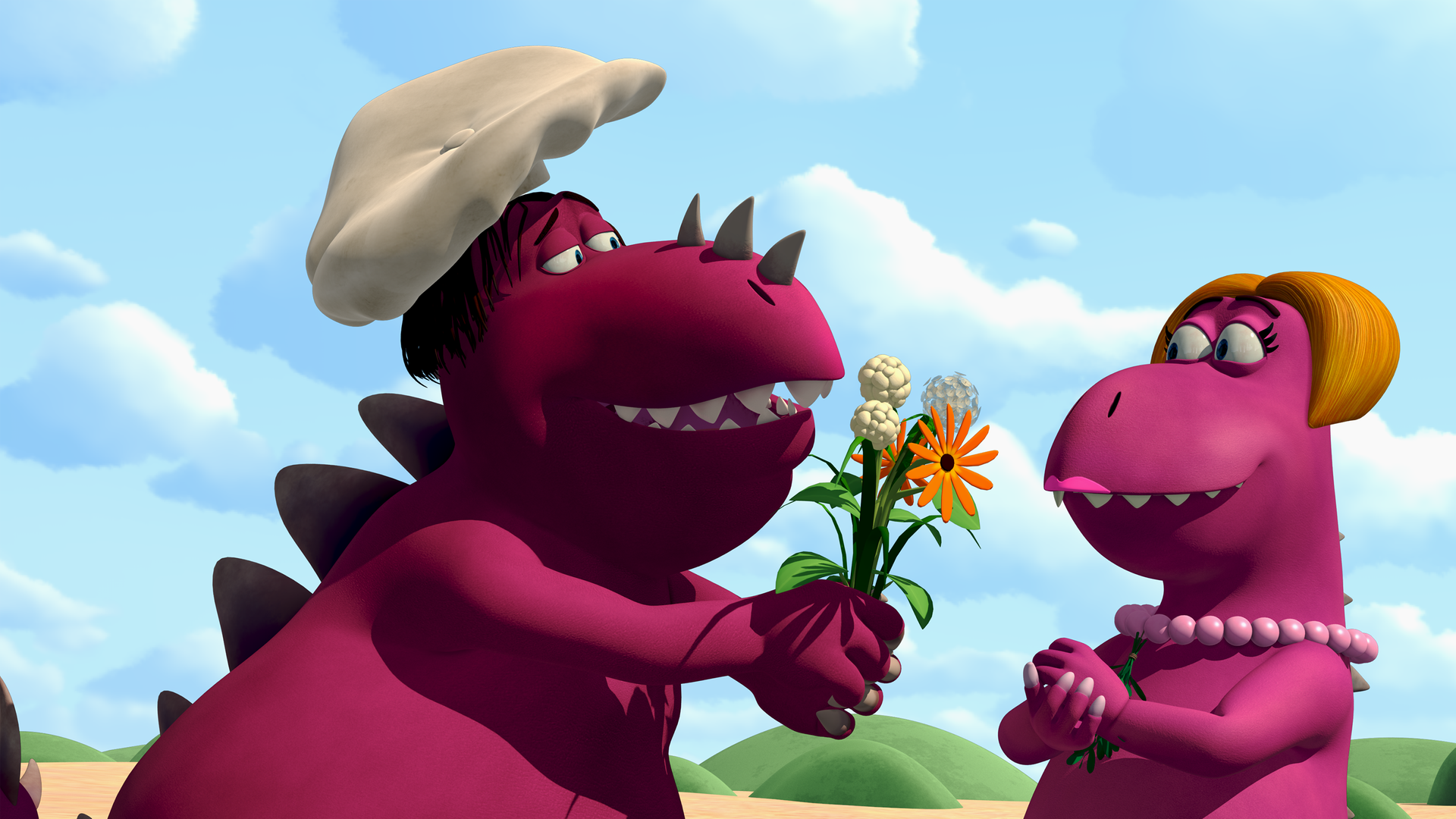 Chef macht Oskars Mutter schöne Augen und überreicht ihr einen Blumenstrauß.