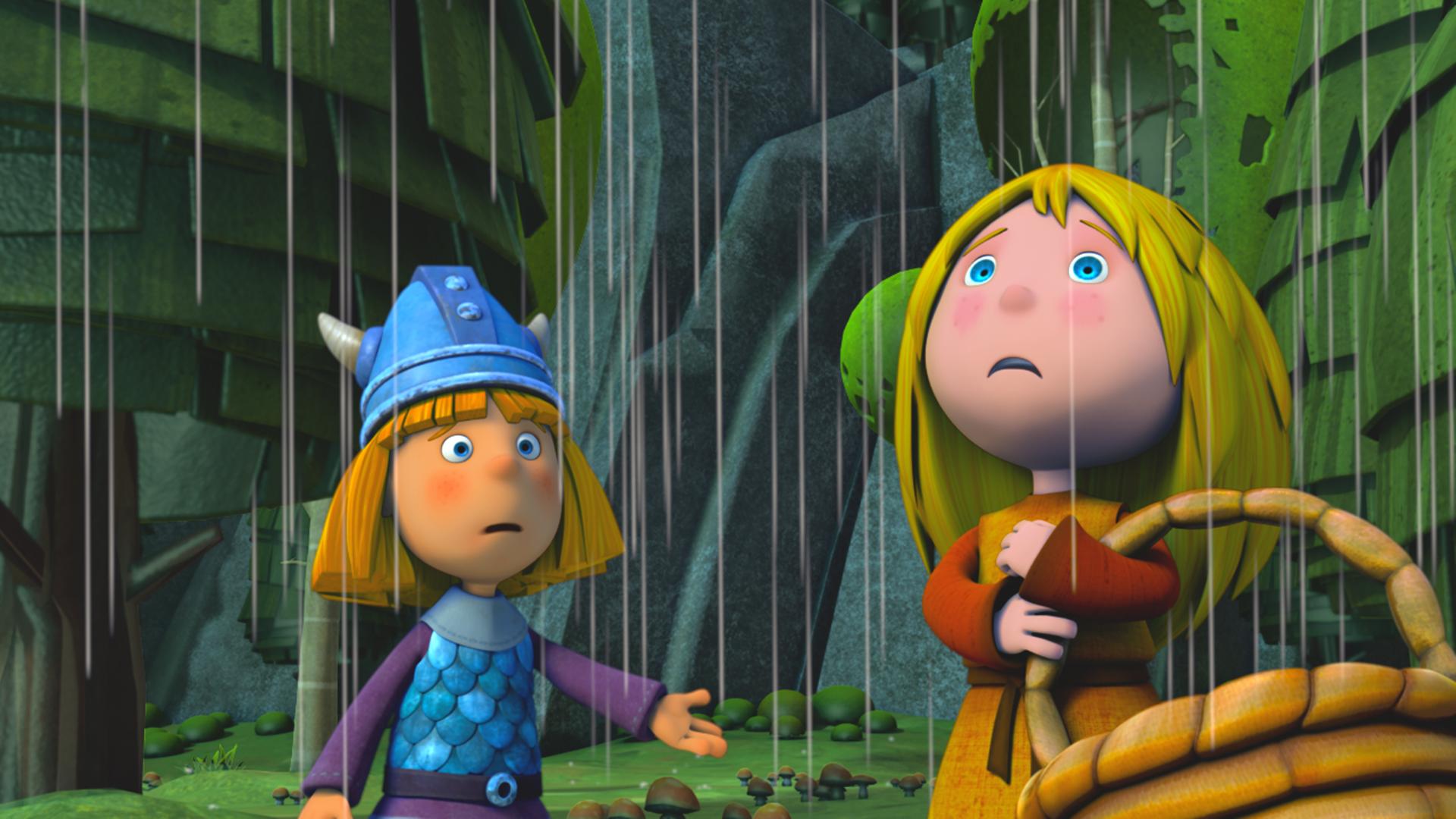 Wickie und Ylvi sammeln Pilze im Regen.