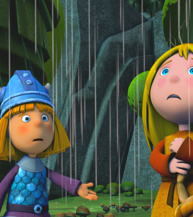 Wickie und Ylvi sammeln Pilze im Regen.