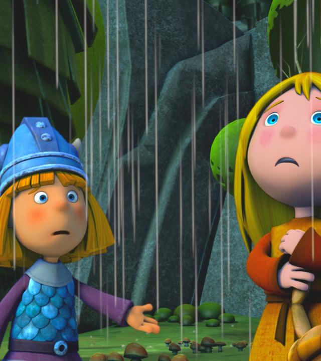 Wickie und Ylvi sammeln Pilze im Regen.