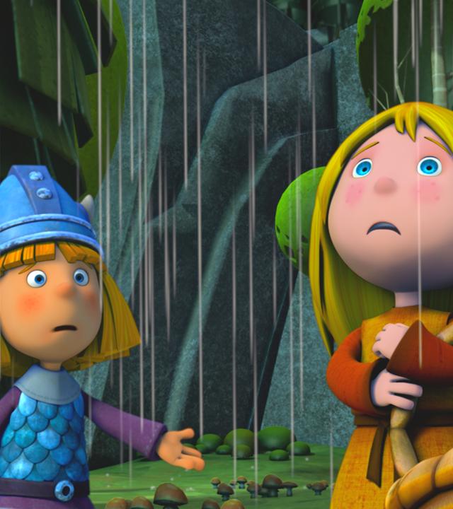 Wickie und Ylvi sammeln Pilze im Regen.