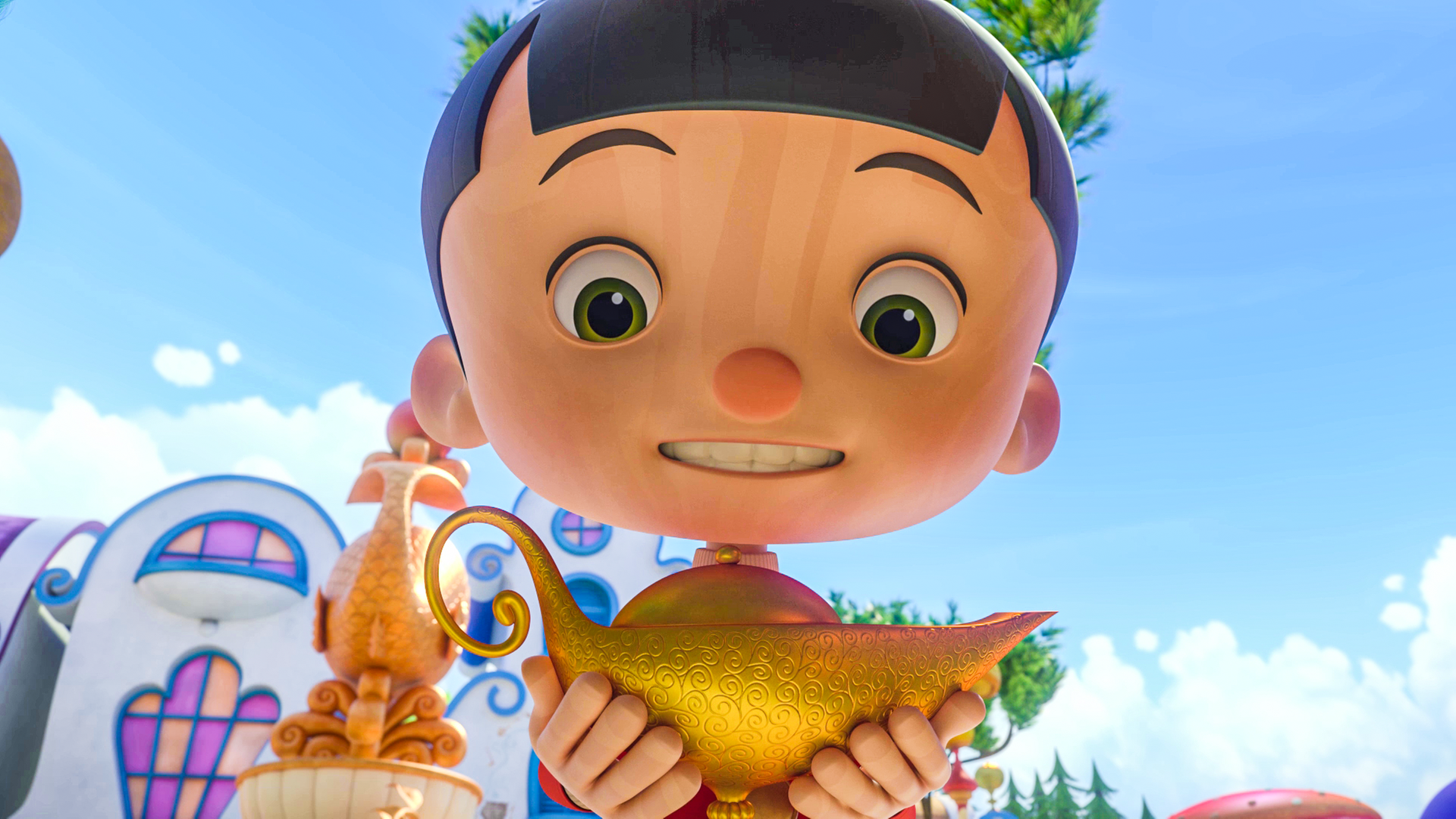 Pinocchio hält begeistert eine goldene Wunderlampe von Ali Baba in den Händen.