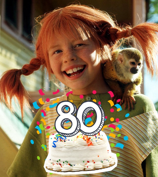 Pippi Langstrumpf mit ihrem Äffchen auf der Schulter, daneben Torte mit 80 und Konfetti