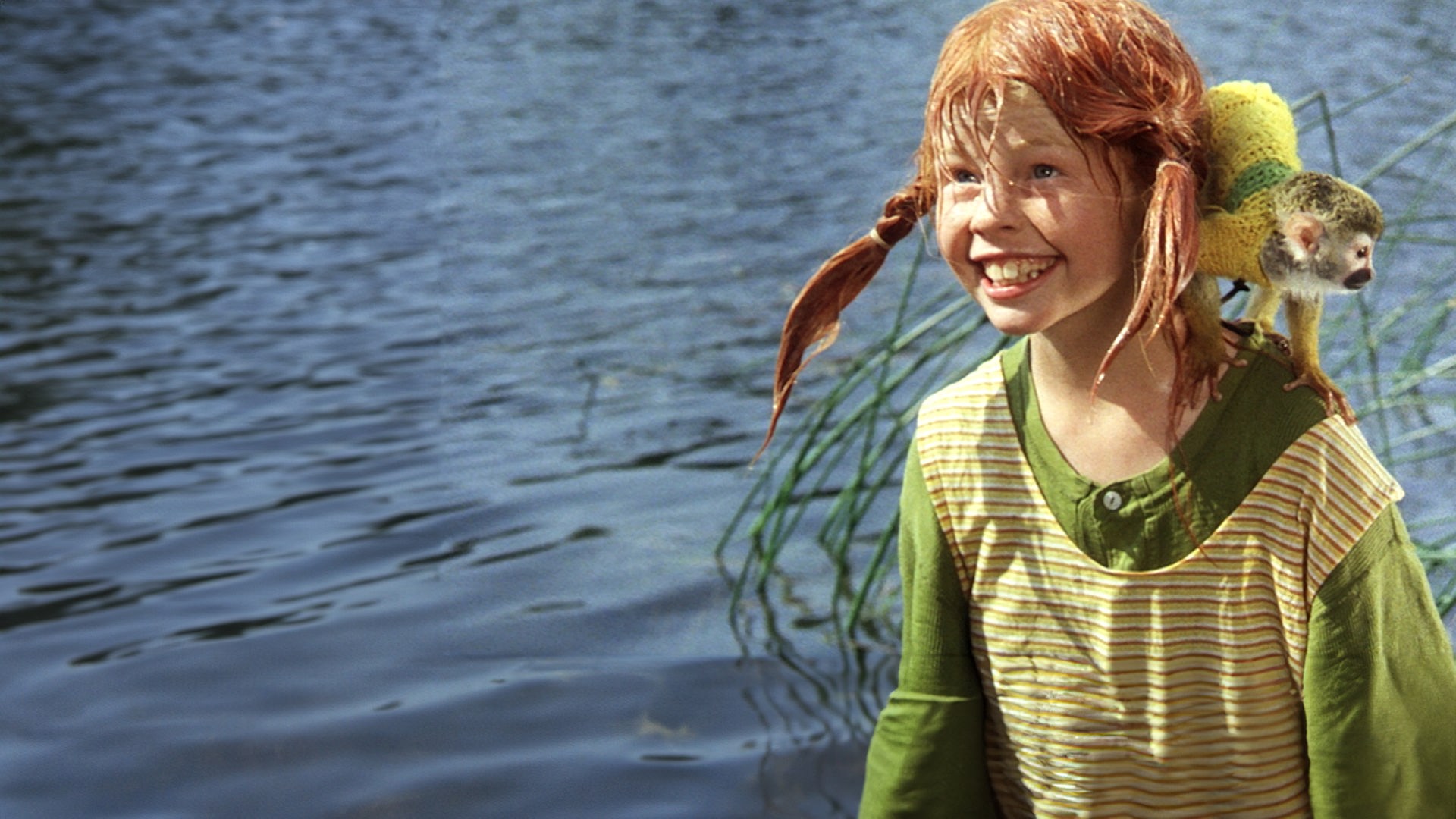 Pippi steht nass und grinsend vor einem See. Auf ihrer Schulter sitzt das Totenkopfäffchen Herr Nilsson.