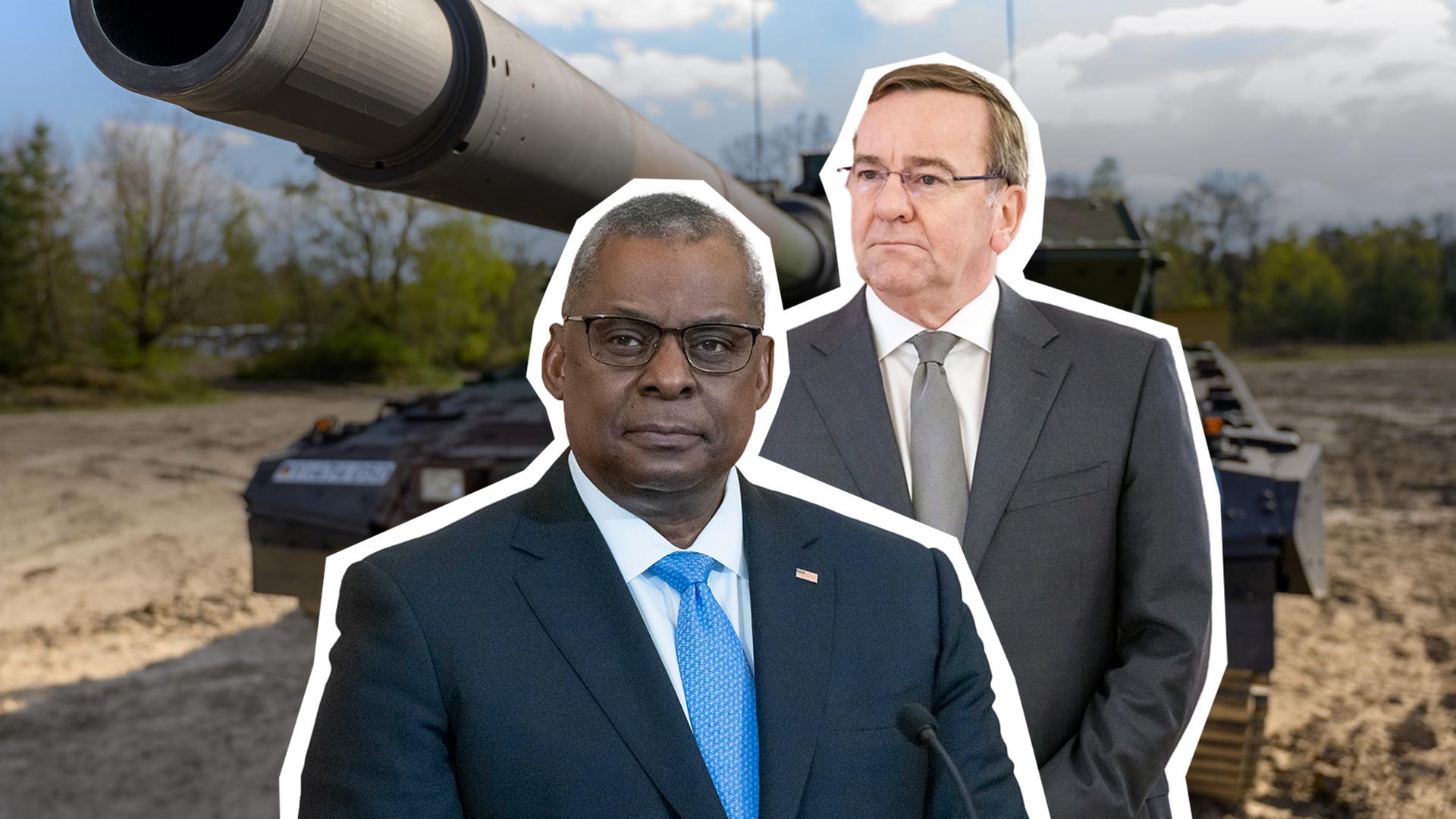 Bundesverteidigungsminister Pistorius und US-Verteidungsminister Austin vor einem Leopard 2- Kampfpanzer