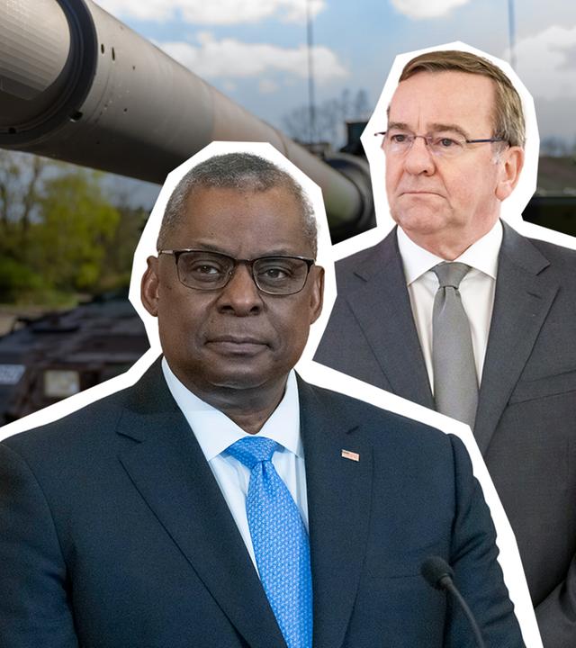 Bundesverteidigungsminister Pistorius und US-Verteidungsminister Austin vor einem Leopard 2- Kampfpanzer