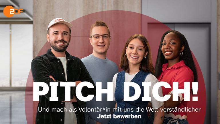 Für das ZDF: Junges Mädchen lächelt in den Kamera, vor ihr läuft der Schriftzug "Pitch dich!" - und mache als Volontärin mit uns die Welt versändlicher - jetzt beweben
