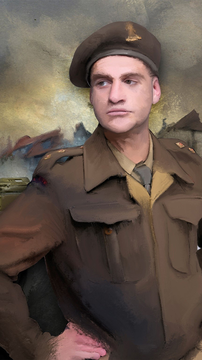 Graphic Novel: Frederick Gray und seinen Fahrer Bob sitzen im Jeep, hinter ihnen stehen zerstörte Gebäude.