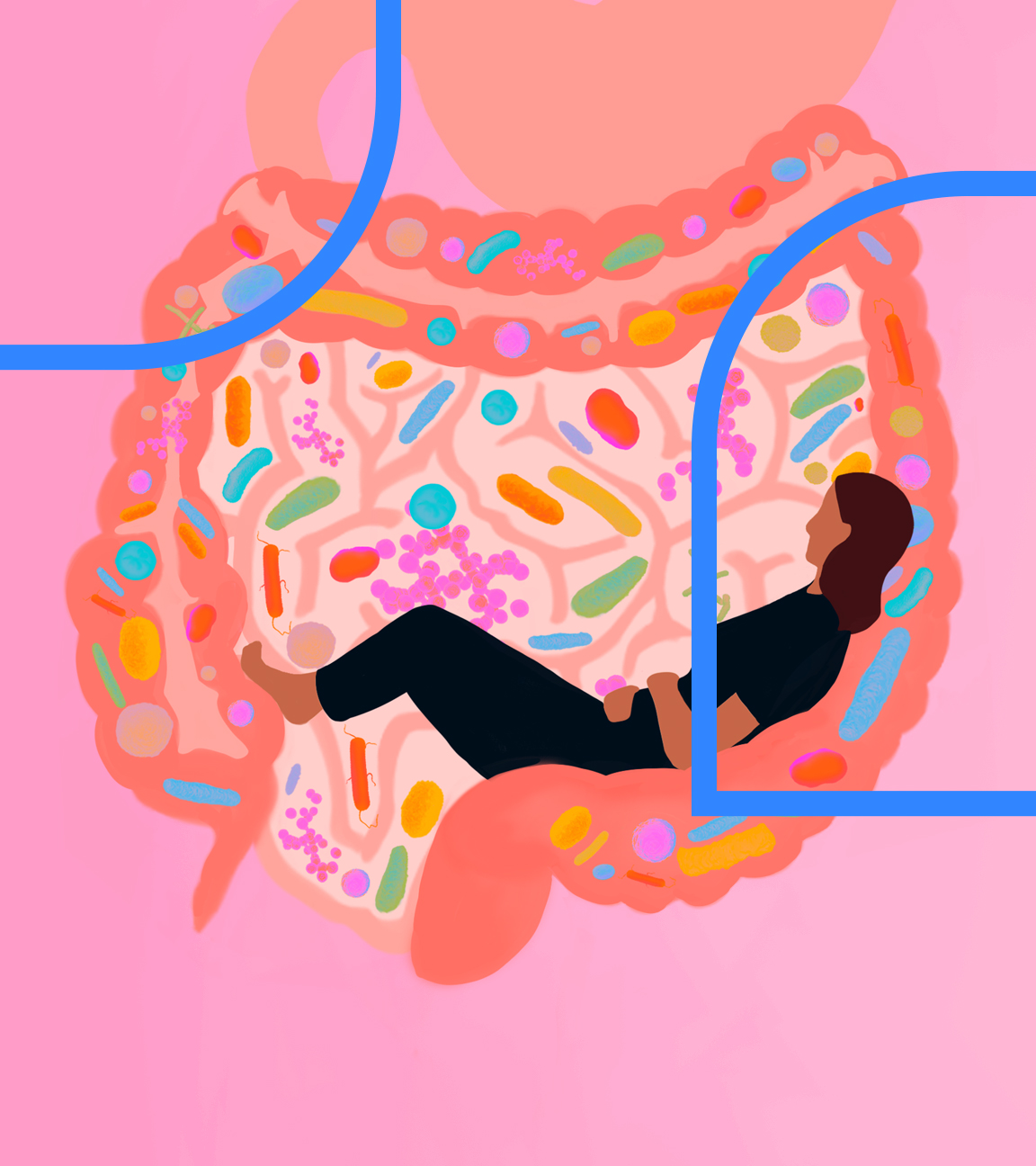 Grafik von einem Darm, darin liegt eine Frau