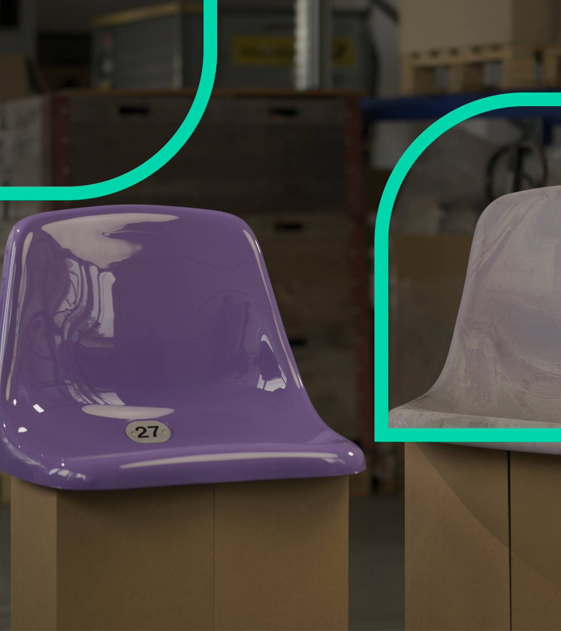 Ein neuwertiger und ein gebrauchter Stuhl aus ehemaligem Stadionsitz