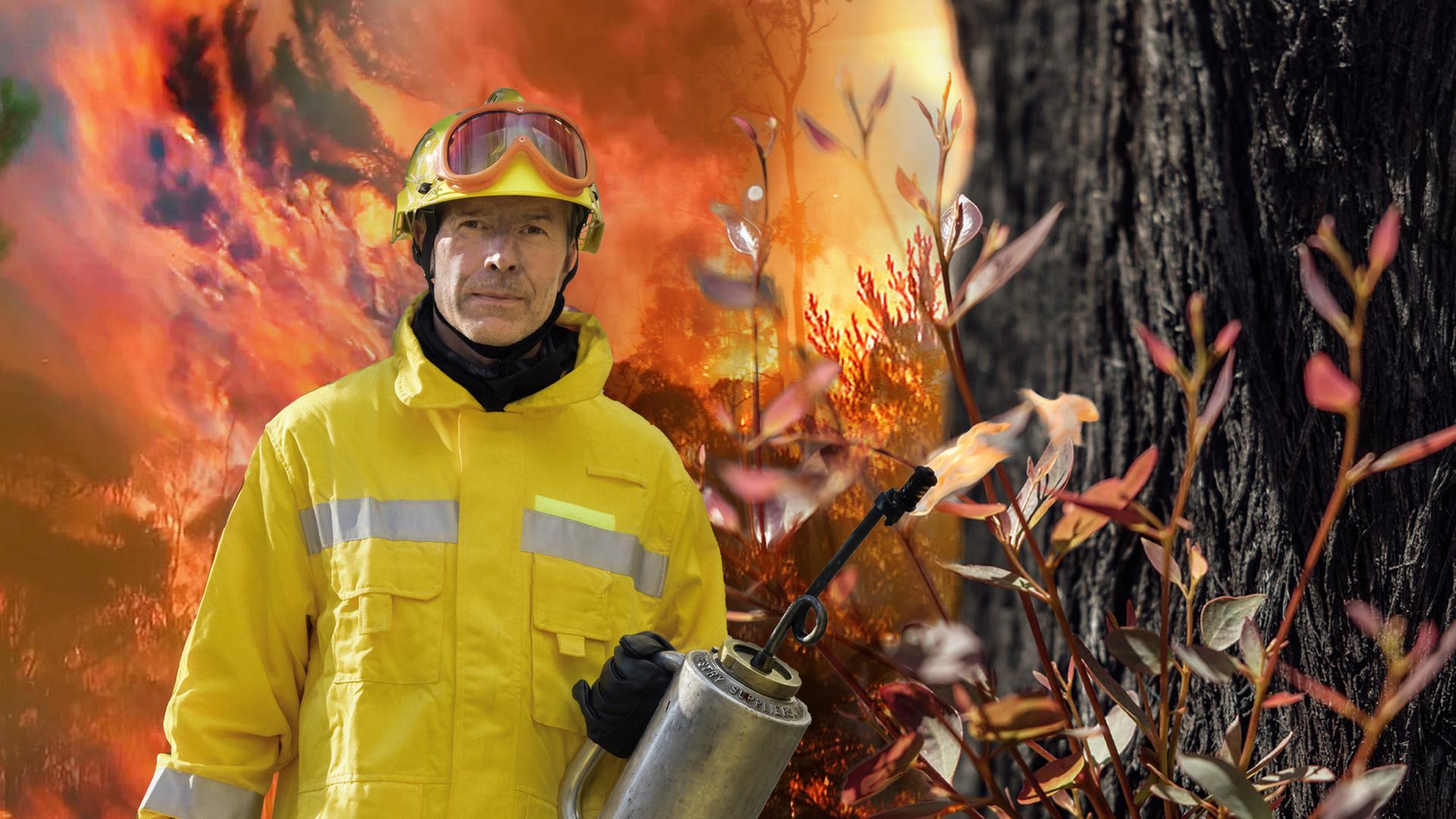 Dirk Steffens mit Flammenwerfer vor brennendem Wald (Montage)