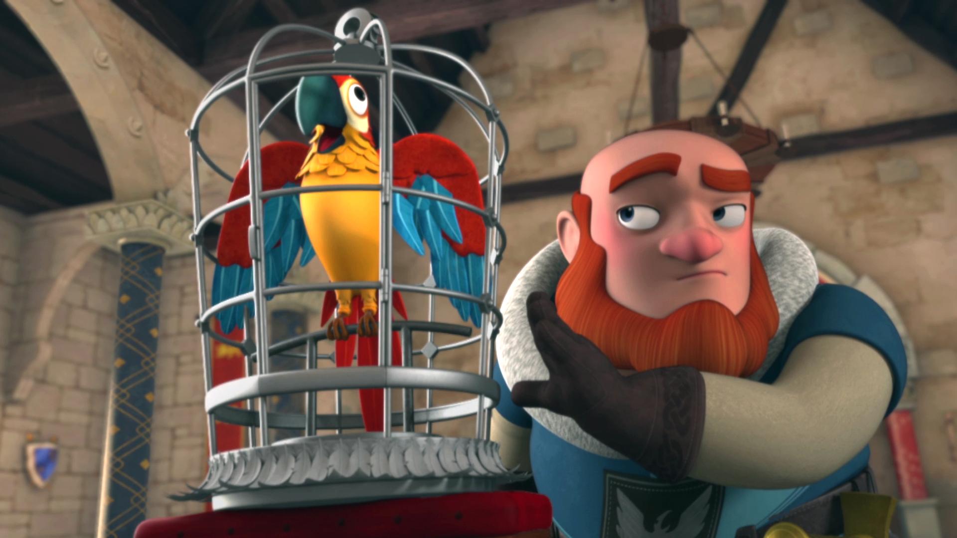 Lord Gudfred hält einen Käfig mit einem bunten Papagei hoch. Der Papagei krächzt.