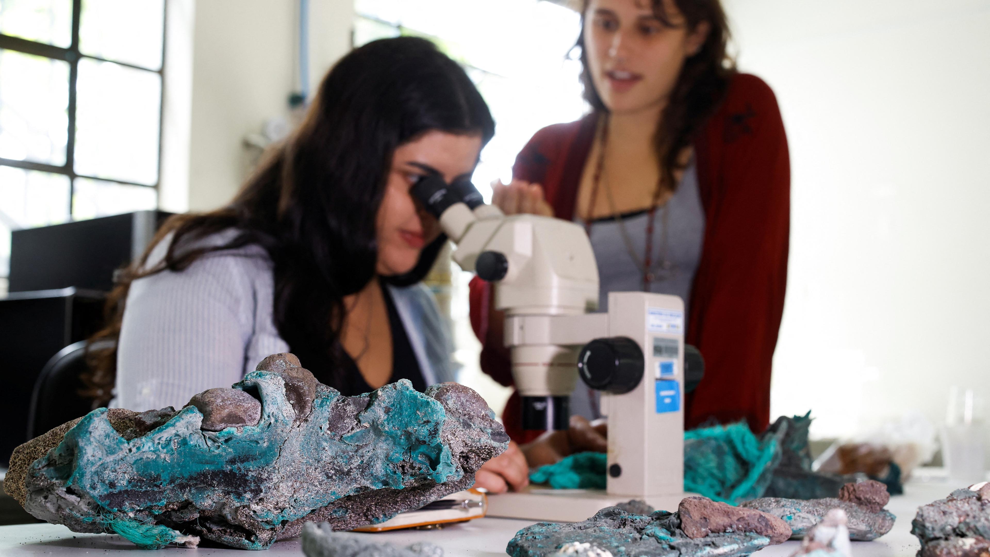 Forscherin Fernanda Avelar Santos betrachtet die "Plastikfelsen" durch ein Mikroskop.
