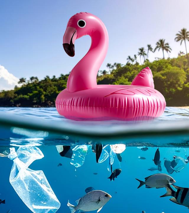 Schwimmende leere Plastikflaschen, aufgeblasener Flamingo als Schwimmtier