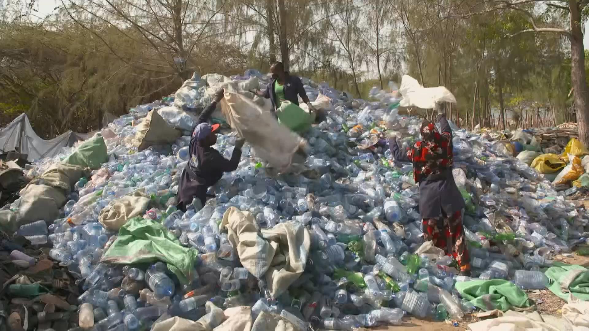 Drei Personen sortieren Müll auf einem riesigen Berg leerer Plastikflaschen