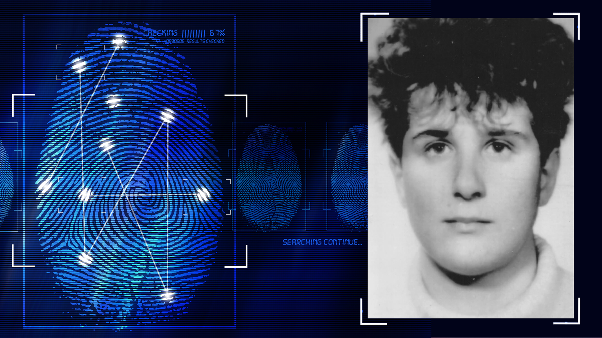 Frau mit kurzen Haaren schaut in die Kamera und lächelt leicht. Schwarzweiß-Foto. Links daneben: Lichtschematische Darstellung eines Fingerabdrucks.